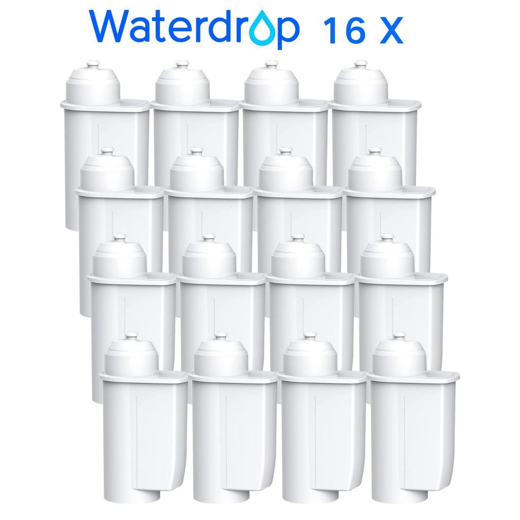 A collection of water filters arranged in rows on a white background.