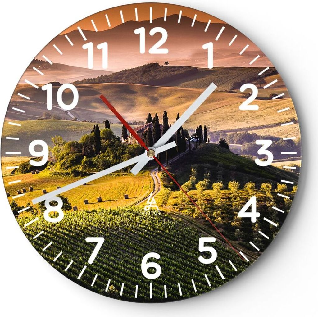 Wanduhr - Rund - Glasuhr - Landwirtschaft Bauernhof Toskana Weinberg - 30x30cm - Schleichendes Uhrwerk - Lautlos - zum Aufhängen bereit - Dekorati...