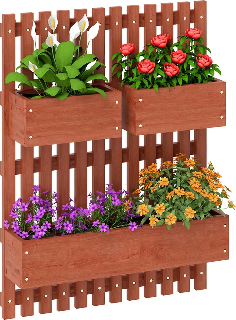 Jardinière murale avec treillis en bois et 3 pots amovibles 60x16x80 cm