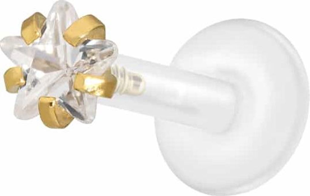 Ohrpiercing, Nasenpiercing PTFE Labret mit Innengewinde + Titan-Aufsatz EINGEFASSTER KRISTALLSTERN Gold Stablänge: 6mm | Stabstärke: 1,2mm