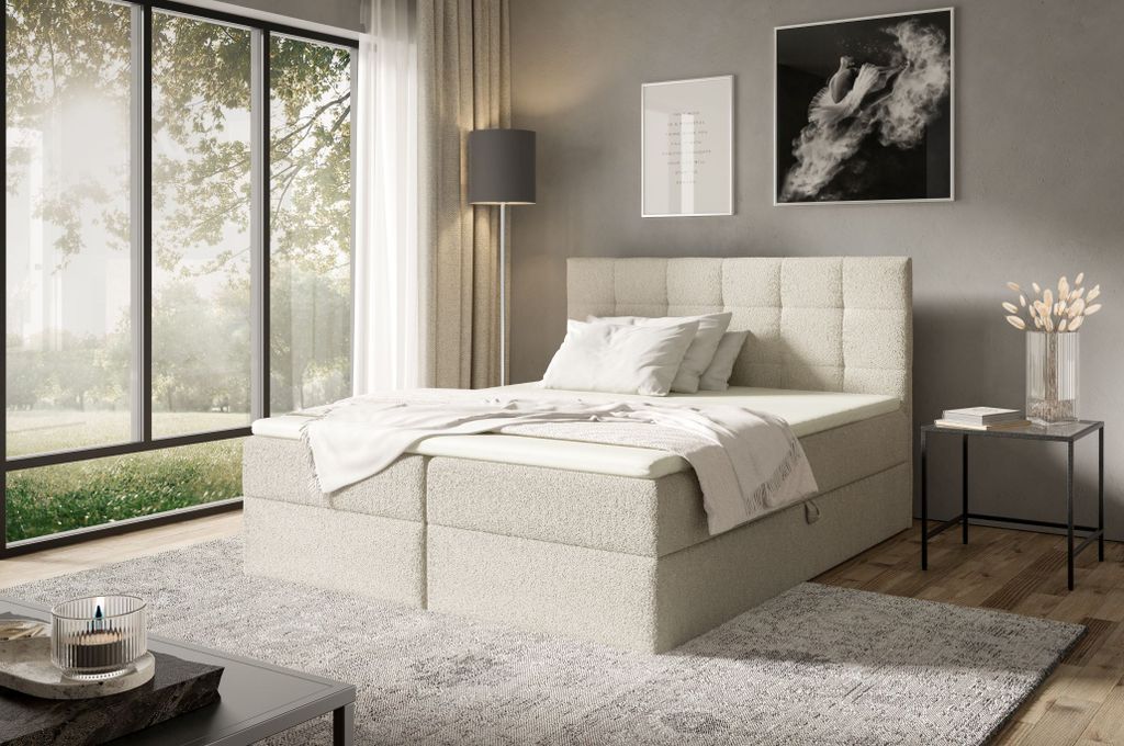Boxspringbett 180x200 ABRIAMO von ANTONIO mit Bettkästen und Topperr, Doppelbett mit Bonell Federkernmatratze, Härtegrad H4, Bouclé-Optic Hellbeige