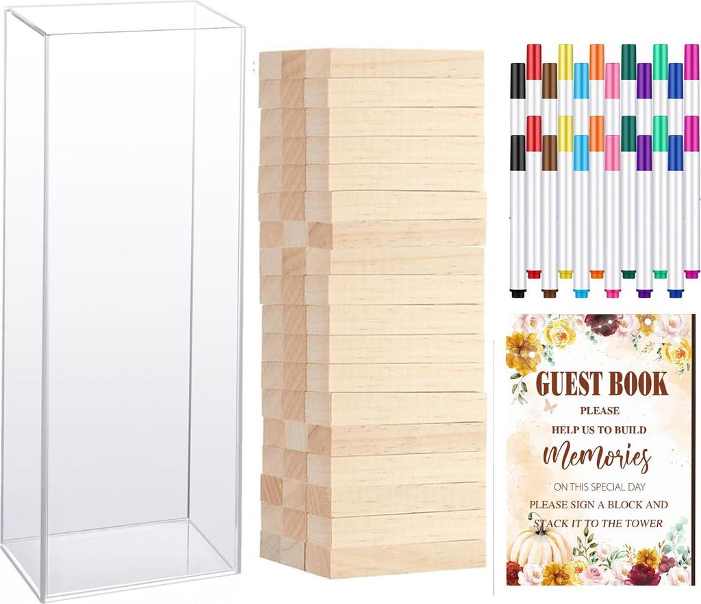 1 Set Hochzeitsgästebuch, alternativer Holzblock mit transparenter Acrylbox, Stifte, Schild, Hochzeit, Brautparty, Party, Empfangsdekoration