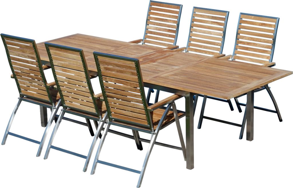 ALEOS. Gartengarnitur Edelstahl Teak Set: Ausziehtisch 200 auf 240 auf 280 cm x 100 cm + 6 Teak-Edelstahl Hochlehner, Sitzgruppe A-Grade Teak Holz ...