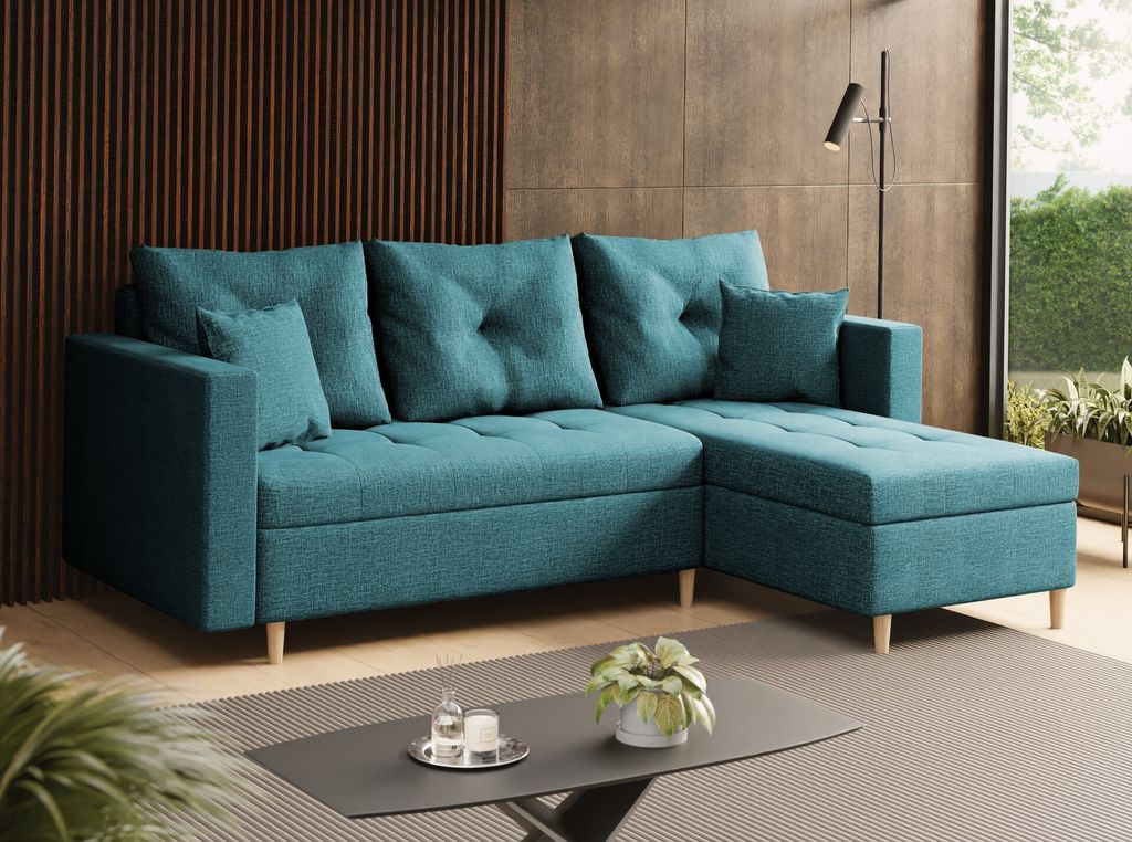 SALES LEADER Ecksofa BERLIN 230x145 cm mit schlaffunktion, mit Bettkasten, universelle Seite, Moderner Stoff HUGO 87D, Türkis