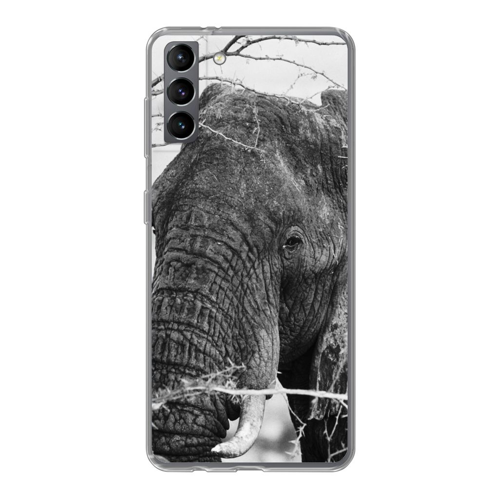 MuchoWow Handyhülle Schutzhülle Hülle für Samsung Galaxy S21 Plus Elefant - Tiere - Äste - Natur - Schwarz und weiß Silikon Softcase Handy ...