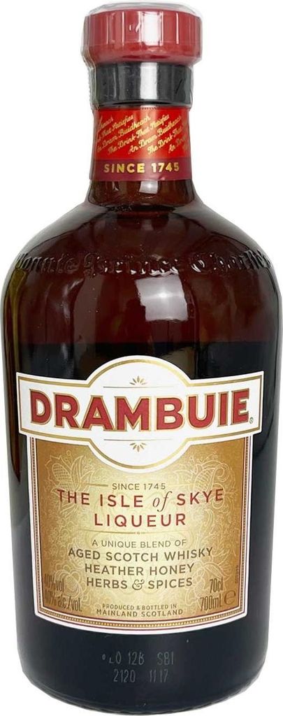 A bottle of Drambuie liqueur on a white background.