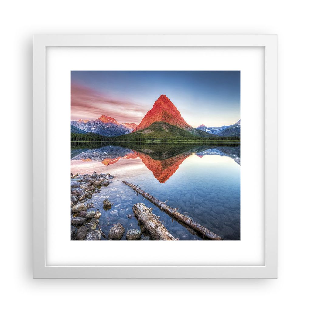 Gerahmtes Poster - Weißer Rahmen - See Berge Spiegelung - 30x30 cm - Wand Bild - Wanddeko - Wandbilder - Kunstposter - Wandposter - Bilderrahmen -...