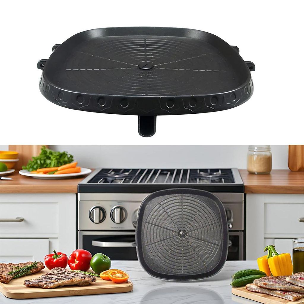A top-down view of a square grill pan on a white background, and a second image showing the grill pan on a stovetop with food.