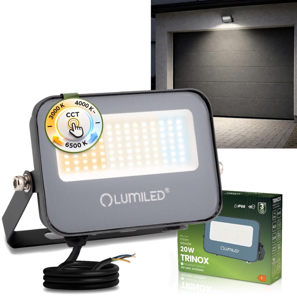 LUMILED LED Strahler Außen 20W 2000lm CCT 3000K 4000K 6500K IP66 Wasserdicht Fluter Außenstrahler Garten Garage Hof Wandstrahler Aluminium Grau S...