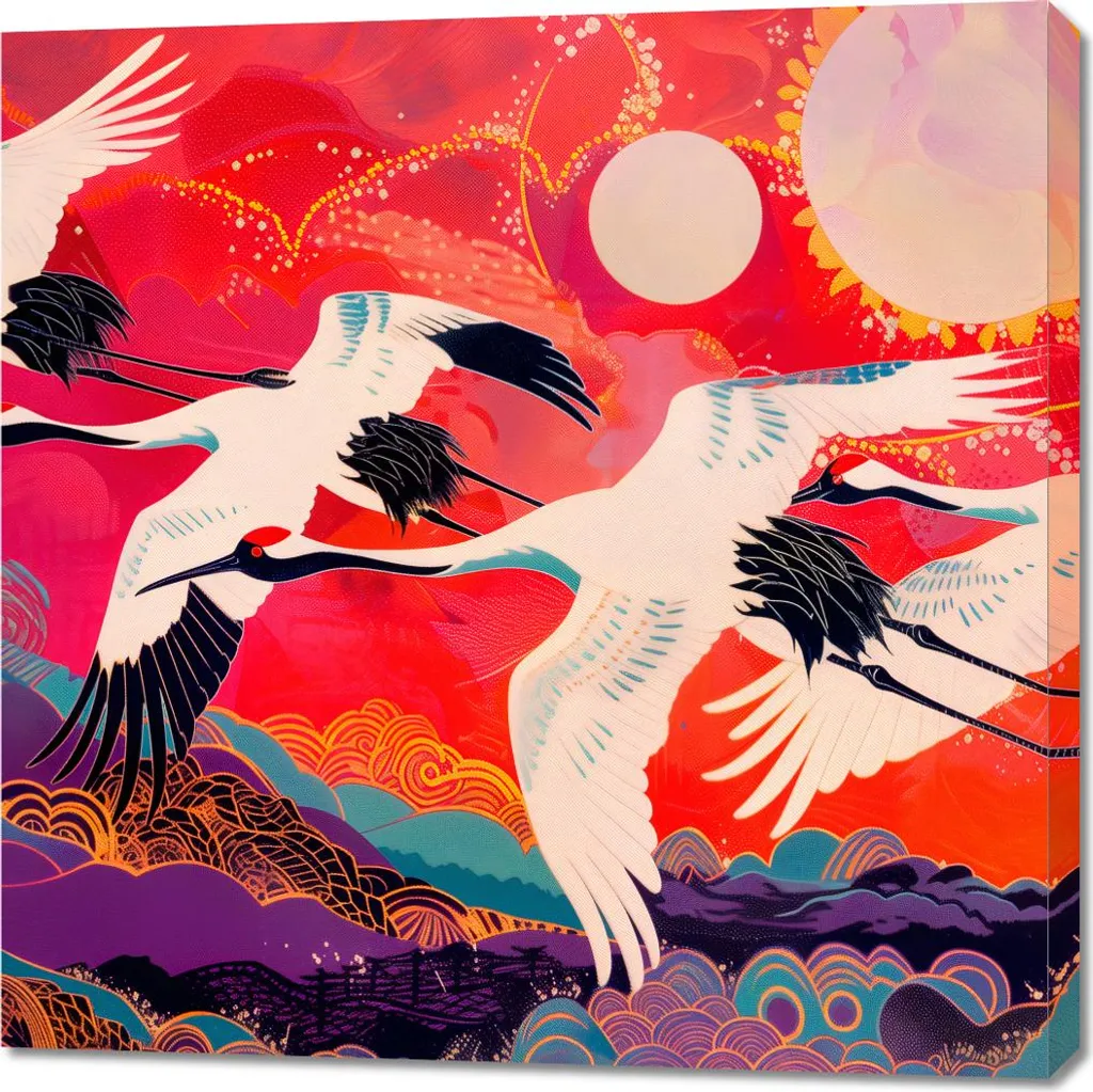 Image Grand Format 90x90 cm Grues en Vol - Décoration Style Japonais