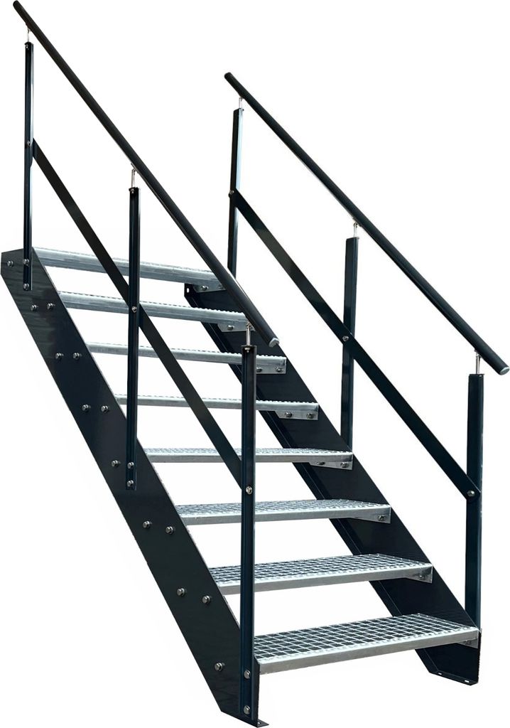 Gitterrost Stahl Wangentreppe 8 Stufen beidsetiges Geländer - Verzinkt & Anthrazit Pulverlackierte Seiten - (B x H x T) 140 x 152 x 158 cm