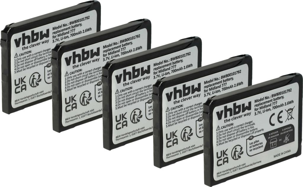 vhbw 5x Akku kompatibel mit M-E FS-2.1, FS-2 Funkgerät, Walkie Talkie (700 mAh, 3,7 V, Li-Ion)