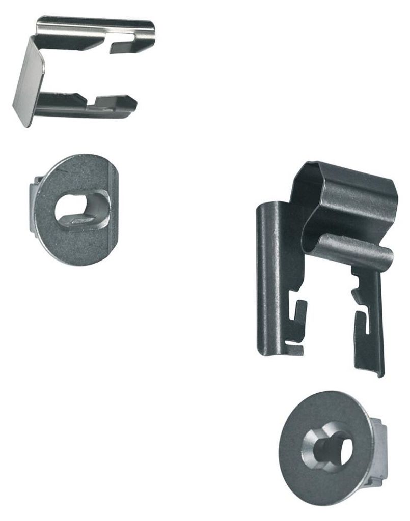 A collection of metal fasteners for an oven rack.