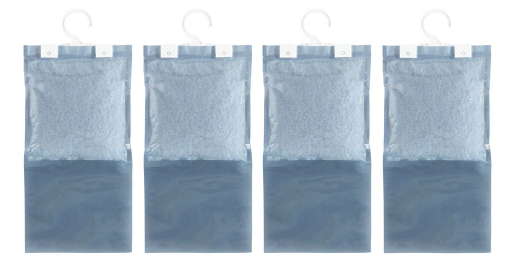 Four hanging dehumidifiers are displayed against a white background.