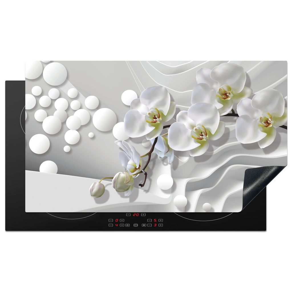 KitchenYeah Herdabdeckplatte Weiß - Blumen - Orchidee - Abstrakt - Modern , 91x52cm, Küche Deko, Glaskeramikkochfeld Herdabdeckung, Abdeckplatt...