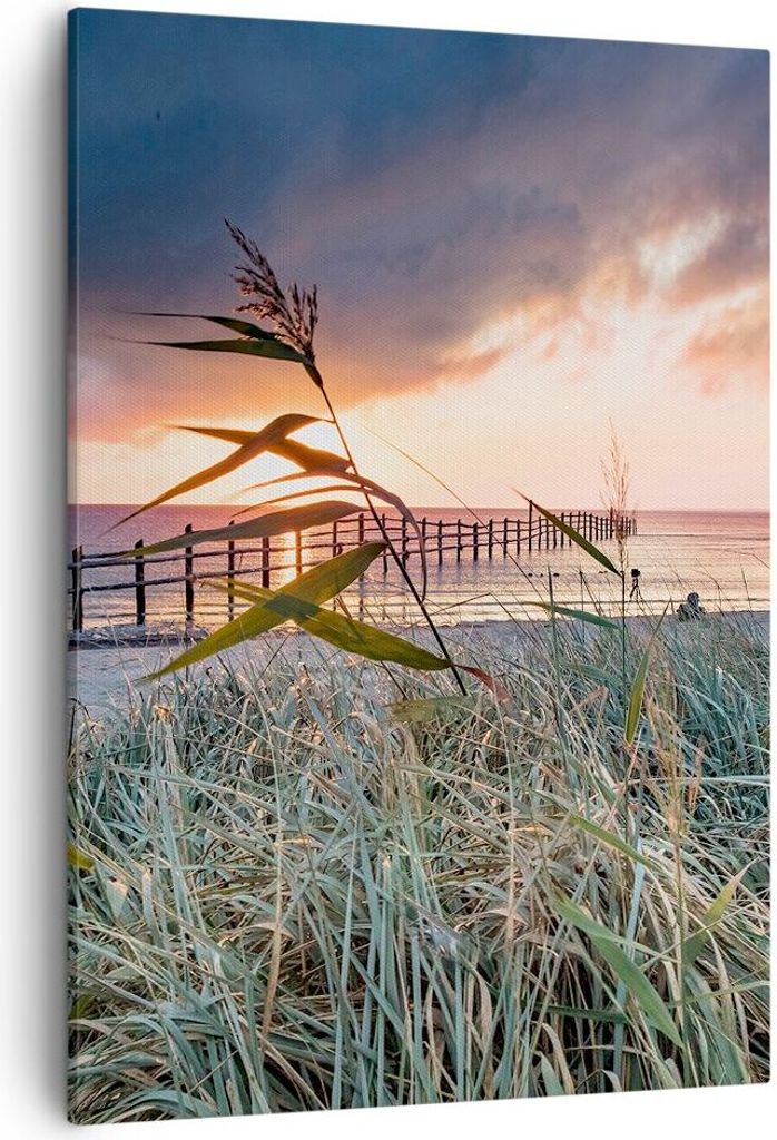 Bild auf Leinwand - Leinwandbild - Einteilig - Strand Gras Horizont - 50x70cm - Wand Bild - Wanddeko - Wandbilder - Leinwanddruck - Wanddekoration ...