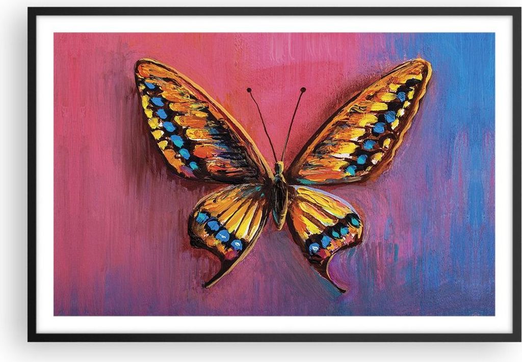 Gerahmtes Poster - Schwarzer Rahmen - Schmetterling bunt gemalt - 91,5x61 cm - Wand Bild - Wanddeko - Wandbilder - Kunstposter - Wandposter - Bilde...