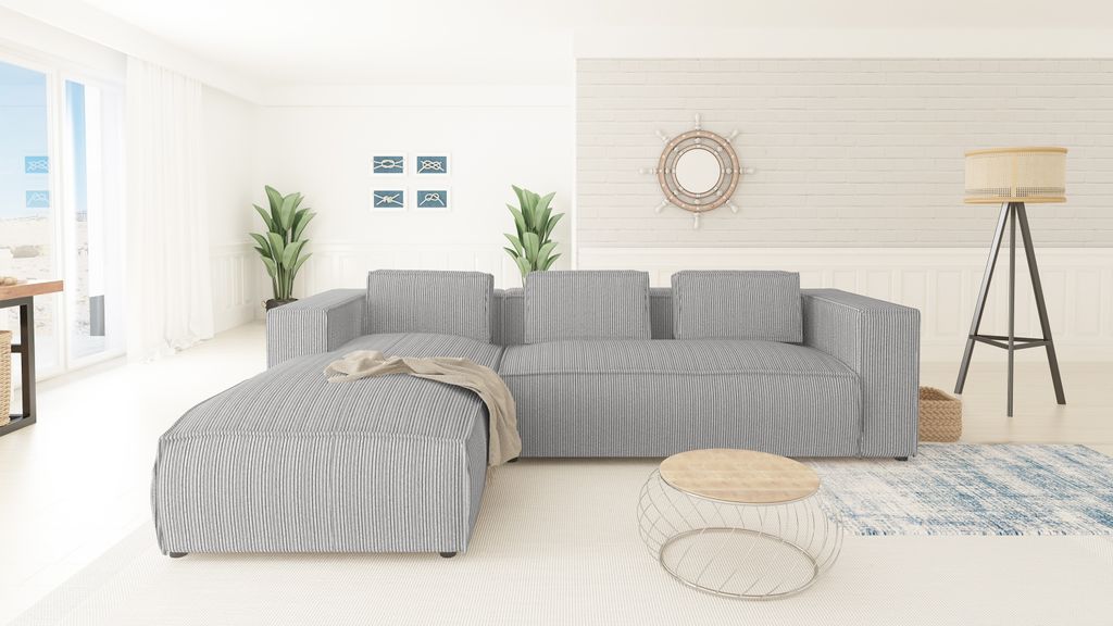 S-STYLE MÖBEL - Modernes Ecksofa Bello aus Hellgrau Cord mit Ottomane links und weichem Sitz, B/T/H: 262 cm / 176 cm / 64 cm