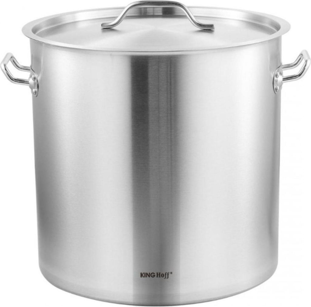 A stainless steel pot with a lid and handles, shown from the front on a white background.
