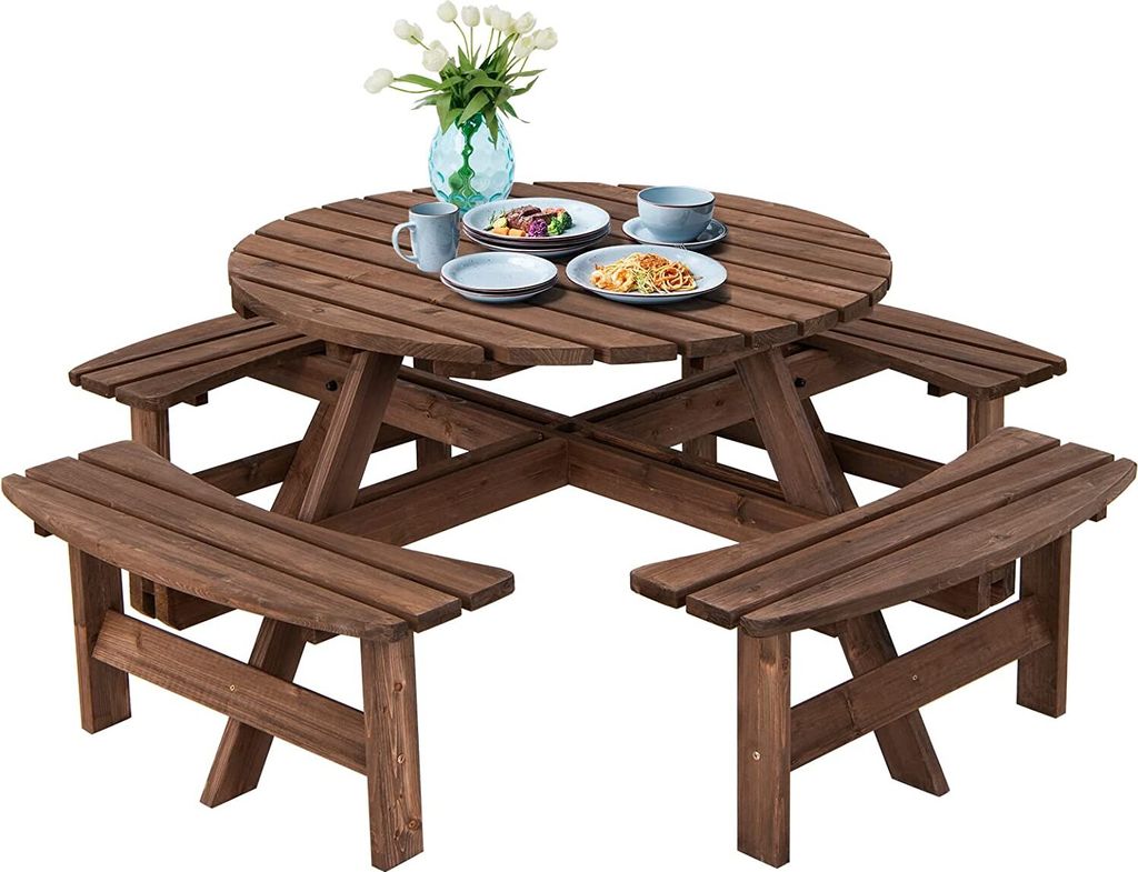 GOPLUS Picknicktisch mit 4 Bänken, Gartenmöbel aus Tannenholz für 8 Personen, Outdoor Sitzgarnitur mit Schirmloch für Camping, Picknick & Party...