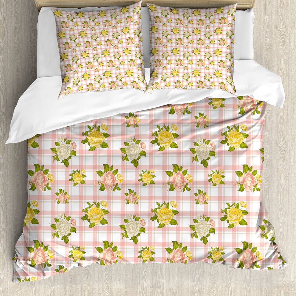 ABAKUHAUS Shabby Flora Bettbezug, Bunte Rosen, Milbensicher Allergiker geeignet mit Kissenbezügen, 200 cm x 200 cm - 80 x 80 cm, Coral und Olivgrün
