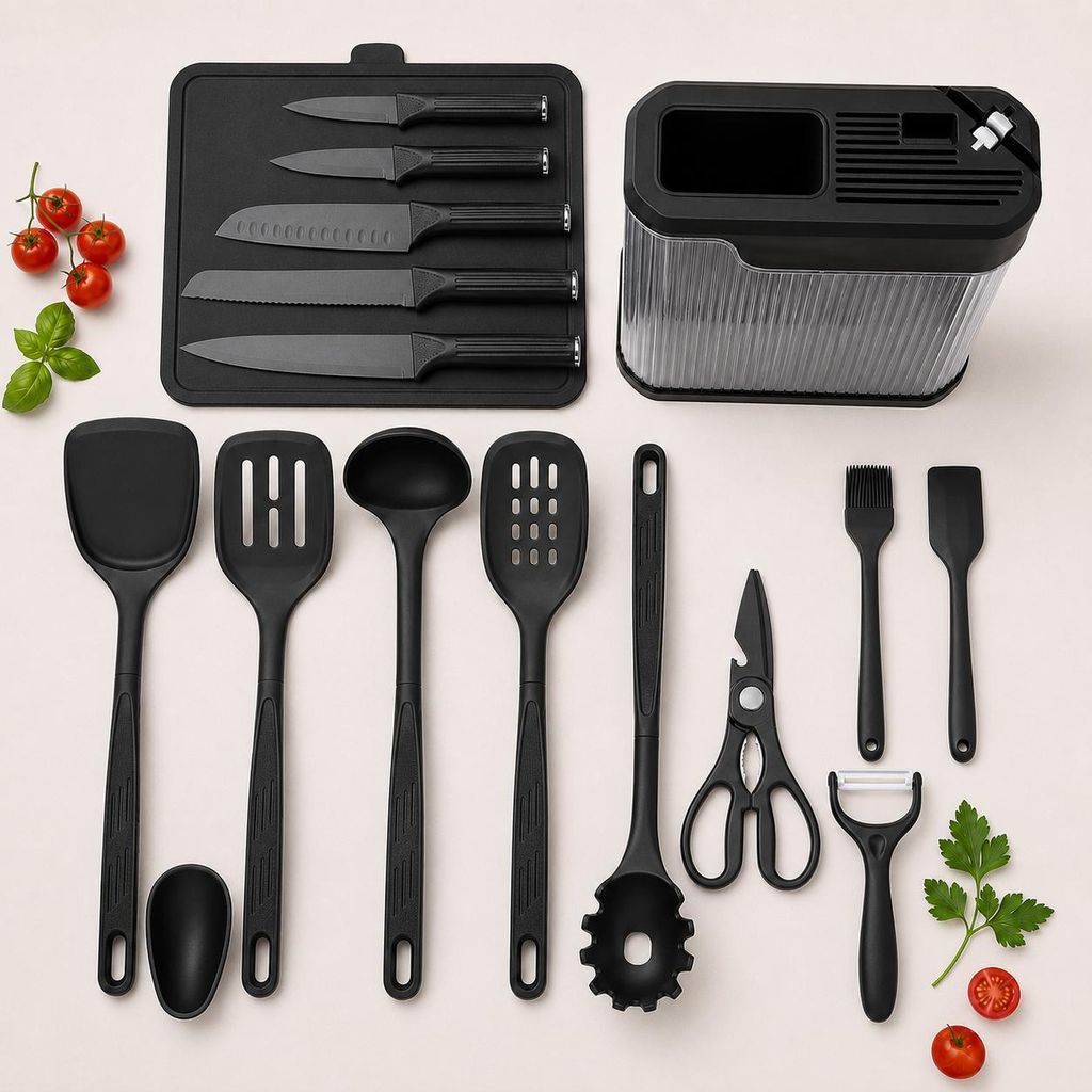 Küchenutensilien-Set Schwarz mit Messerblock & Produktbild 