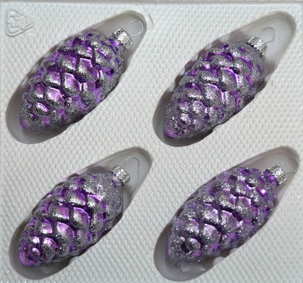 4 tlg. Glas-Tannenzapfen Set in Hochglanz-Lila-Silberne-Ornamente