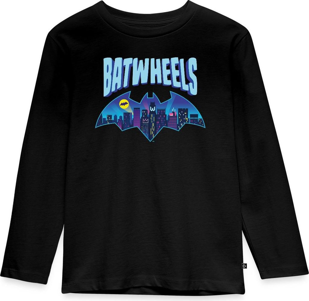 Spreadshirt Batwheels Batman-Symbol Mit Skyline Von Gotham Kinder Premium Langarmshirt, 134/140 (8 Jahre), Schwarz
