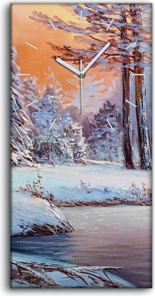 Leinwand Wanduhr Wandkunst Uhr Geräuschlos 30x60 Weihnachts Wald mit Fluss - weiße Hände