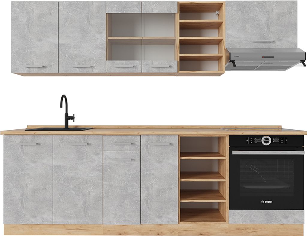 Küchenzeile Vicco R-Line Beton/Goldkraft Eiche 240 cm , AP Eiche, Model 53402