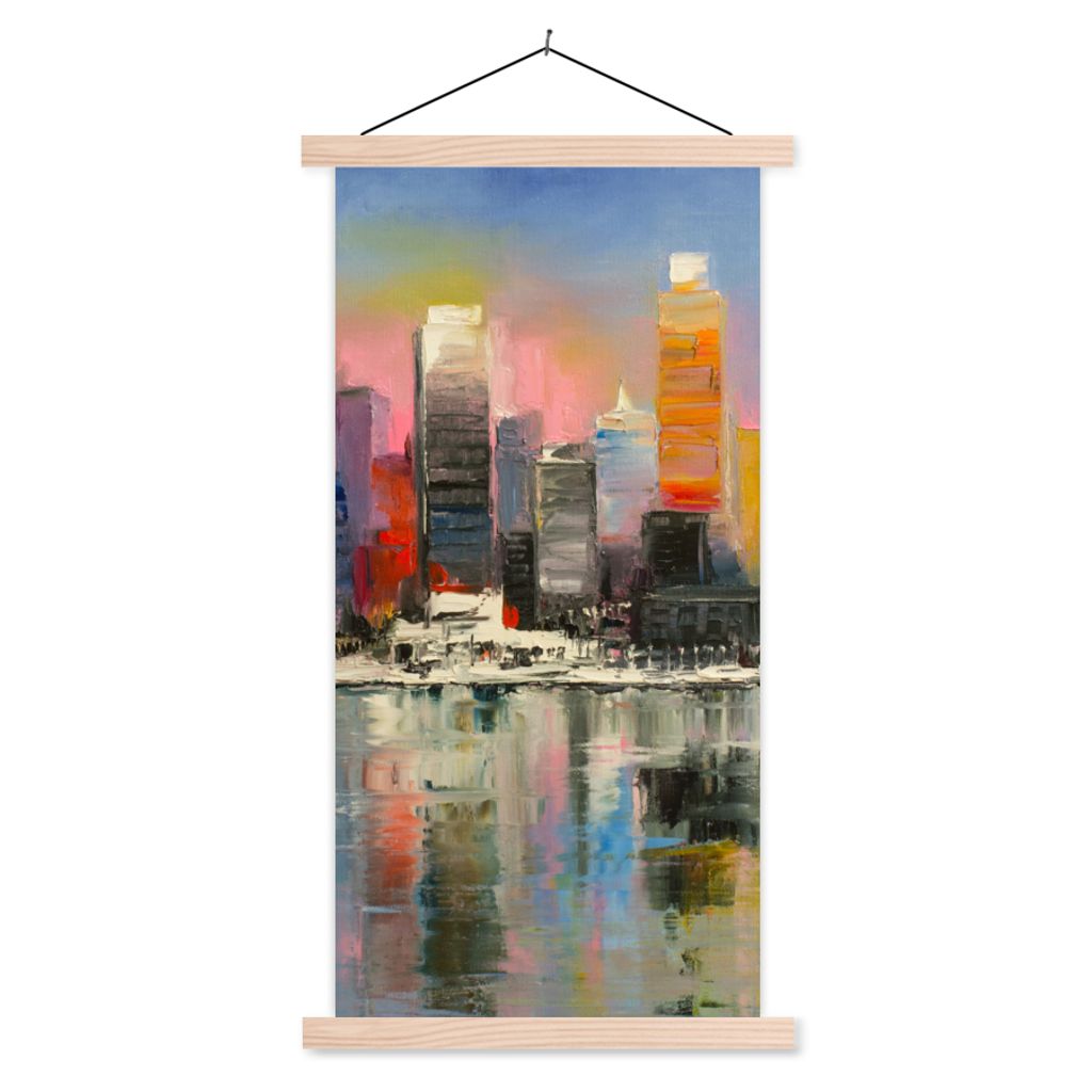 MuchoWow Textilposter Gemälde - Öl - Skyline - Wasser 40x80 cm mit holzfarbenen Rahmen - Wohnzimmer