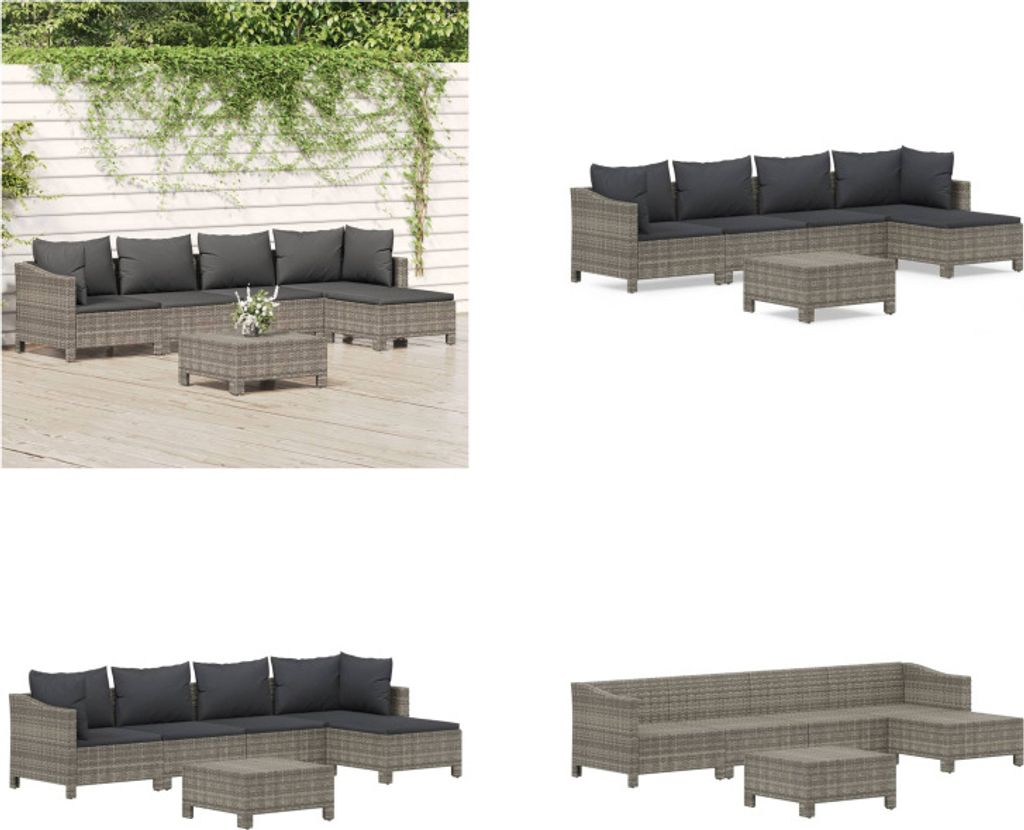 vidaXL 6 tlg. Garten Lounge Set mit Kissen Grau Poly Rattan - Garten Lounge Set - Garten Lounge Sets - Lounge Set - Gartenmöbel Set