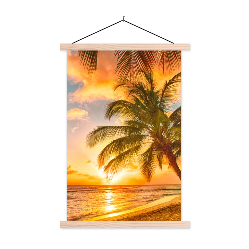 MuchoWow Textilposter Sonnenuntergang - Palme - Wolken - Meer - Strand 60x90 cm mit holzfarbenen Rahmen - Textil