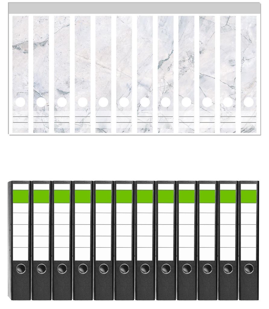 Wallario 12 Stück schmale Ordner inkl. Klebeetiketten mit Motive Graue Marmor-Optik - Set mit Rückenschildern / Ordnerrücken Stickern
