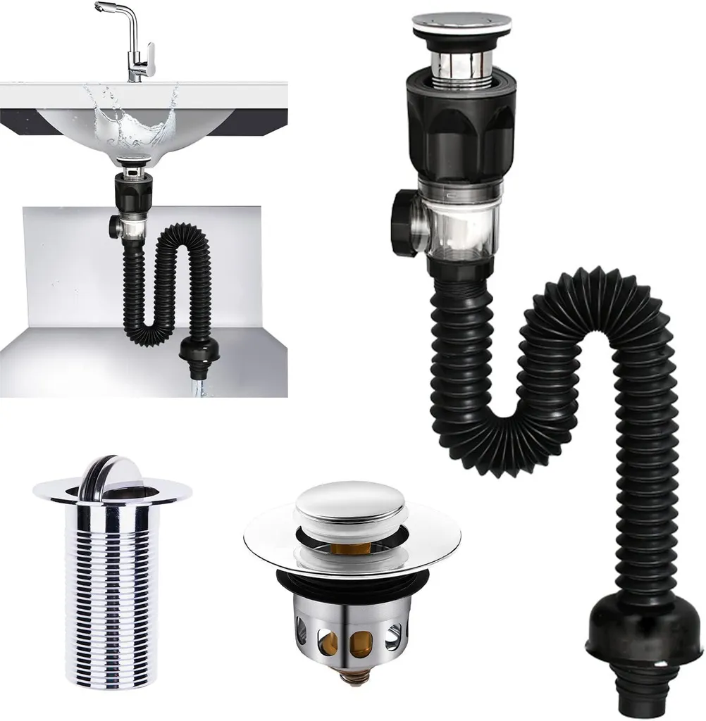 Garniture d'évacuation lavabo avec tuyau flexible et bouchon universel