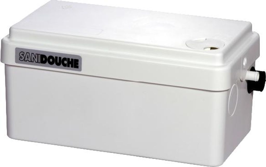 A white wastewater pump unit with a label on the side.