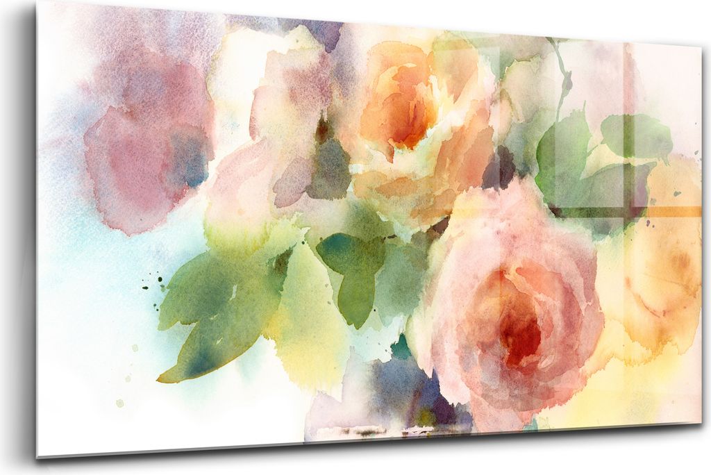 120x60 - Glasbilder - Bilder auf Wandbild - Foto auf Glas - Rosen in einer Vase Aquarell