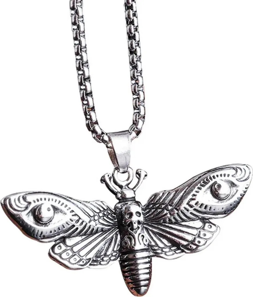Collana Con Ciondolo Farfalla E Teschio In Acciaio Inox – Kkjoy – Gioiello Originale Per Halloween, Unisex, Catena 40+5 Cm