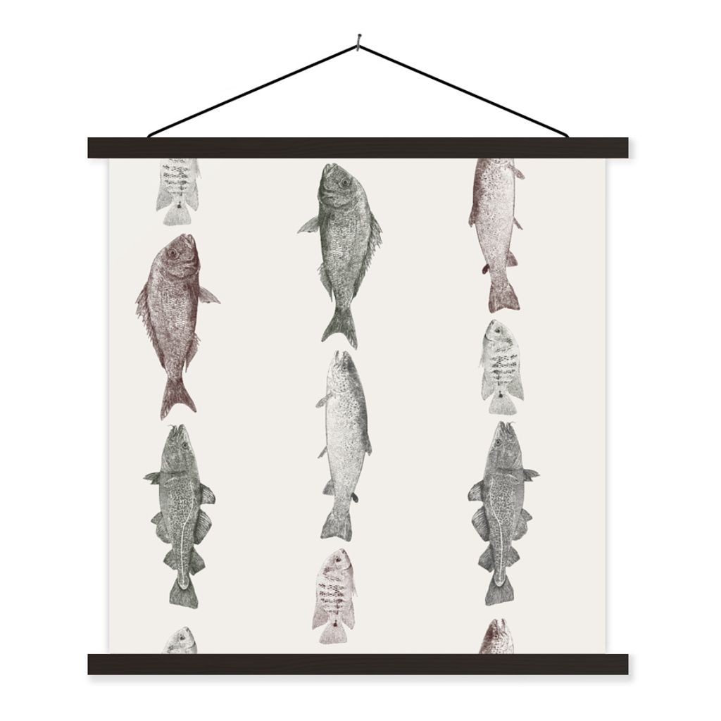MuchoWow Textilposter Vintage-Illustration einer Reihe von Fischen 90x90 cm mit schwarzem Rahmen - Magnetisches