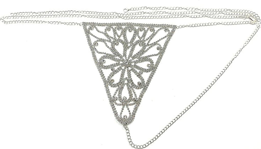 1 Set Frauen Körper Kette Anzug Glänzenden Strass y Floral Muster Schmuck Kette Unterwäsche Bikini Bh Tanga Cover Up Clubwear-Silberne Unterhose