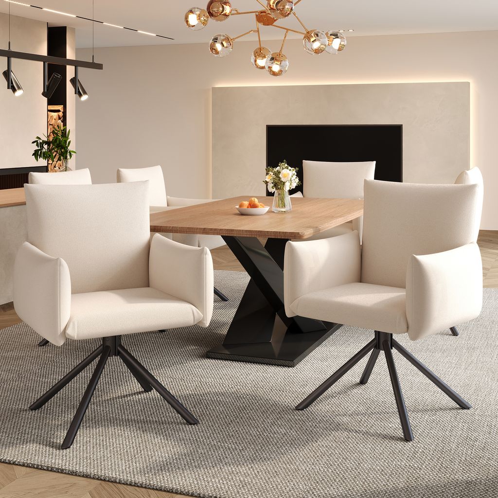 Flieks Esszimmerstühle (6 St.), 360° drehbarer Loungesessel, Polsterstuhl aus Leinen, Essstuhl mit 4 Metallbeinen, atmungsaktives Material, beige