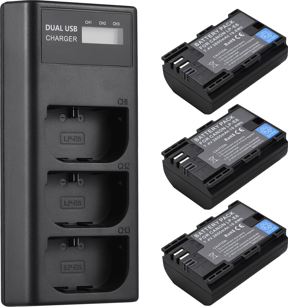 LP-E6 Akkuladegeraet, 3-Slot-Ladegeraet mit LED-Anzeigen, Micro-USB- und Typ-C-Anschluss + 3 Stueck LP-E6-Akkus, 7,4 V, 2650 mAh, kompatibel mit Ca...