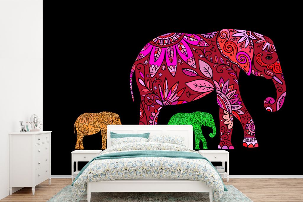 MuchoWow Fototapete für Wohnzimmer oder Schlafzimmer Wandtapete Vinyl Motivtapete Elefanten - Muster - Blumen - Pflanzen - 330x220 cm - Fototapeten