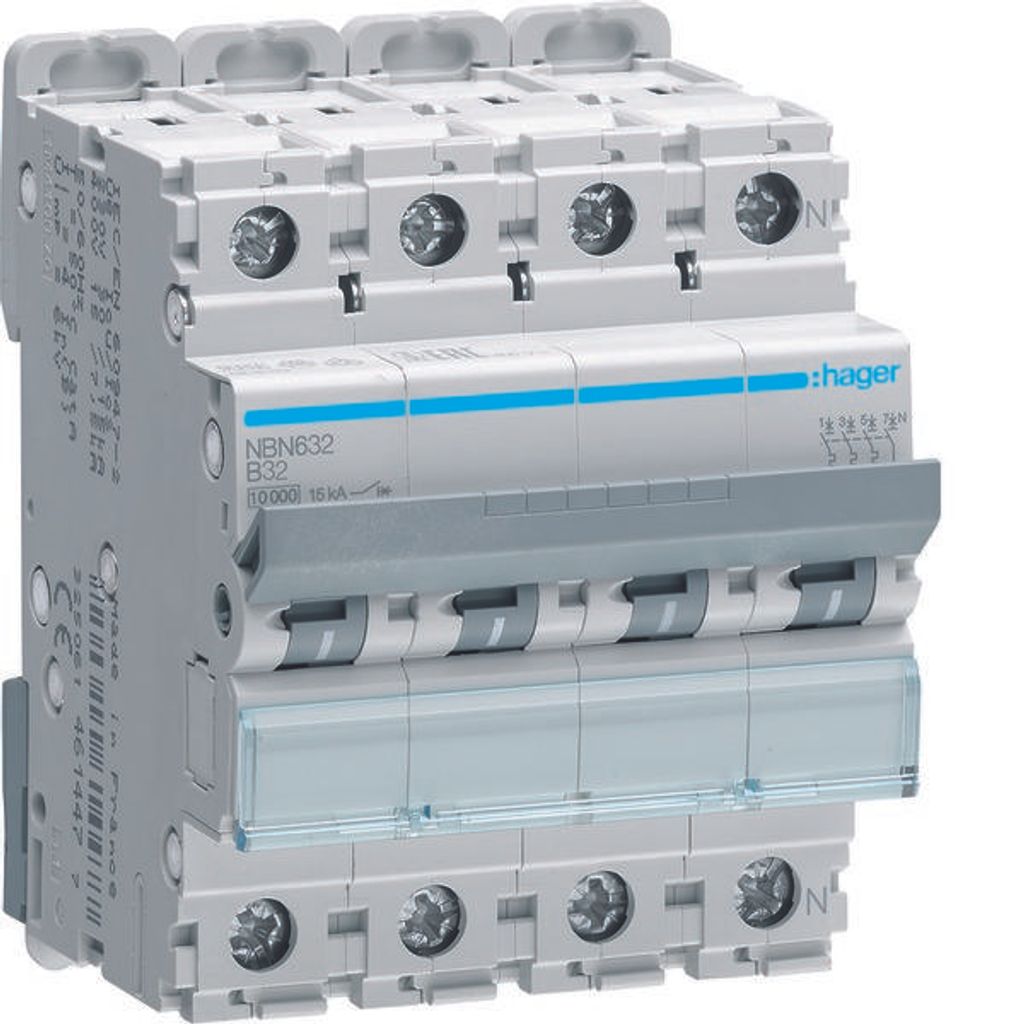 HAGER Leitungsschutzschalter 3P+N 10kA/15kA B-32A 4M