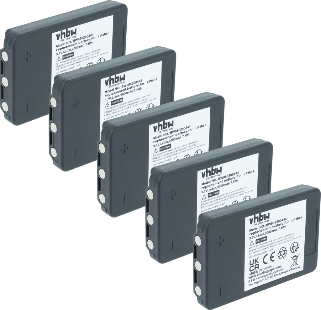 vhbw 5x Akku kompatibel mit Autec LK NEO Industrie-Funkfernsteuerung Fernbedienung (2000 mAh, 3,7 V, Li-Polymer) - Schwarz