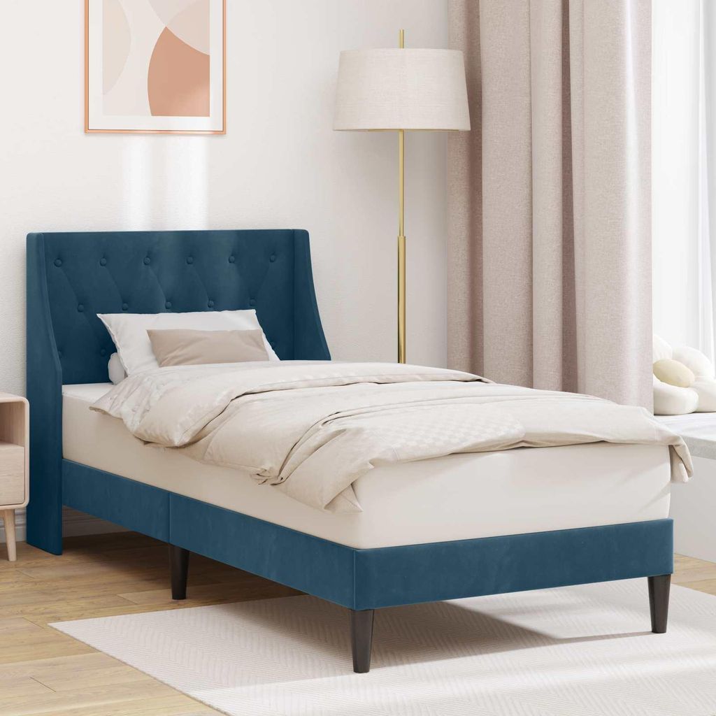 "Neues Produkt" Bettrahmen mit Kopfteil - CLORIS - Bettgestell - Blau 90x190 cm Samt - Modern Betten V2861