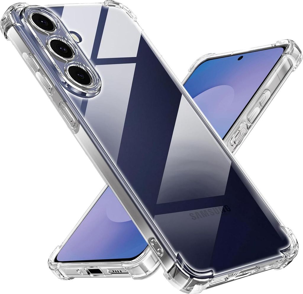 Two transparent phone cases are shown crossed over each other, with one case showing the back of a phone and the other showing the front.