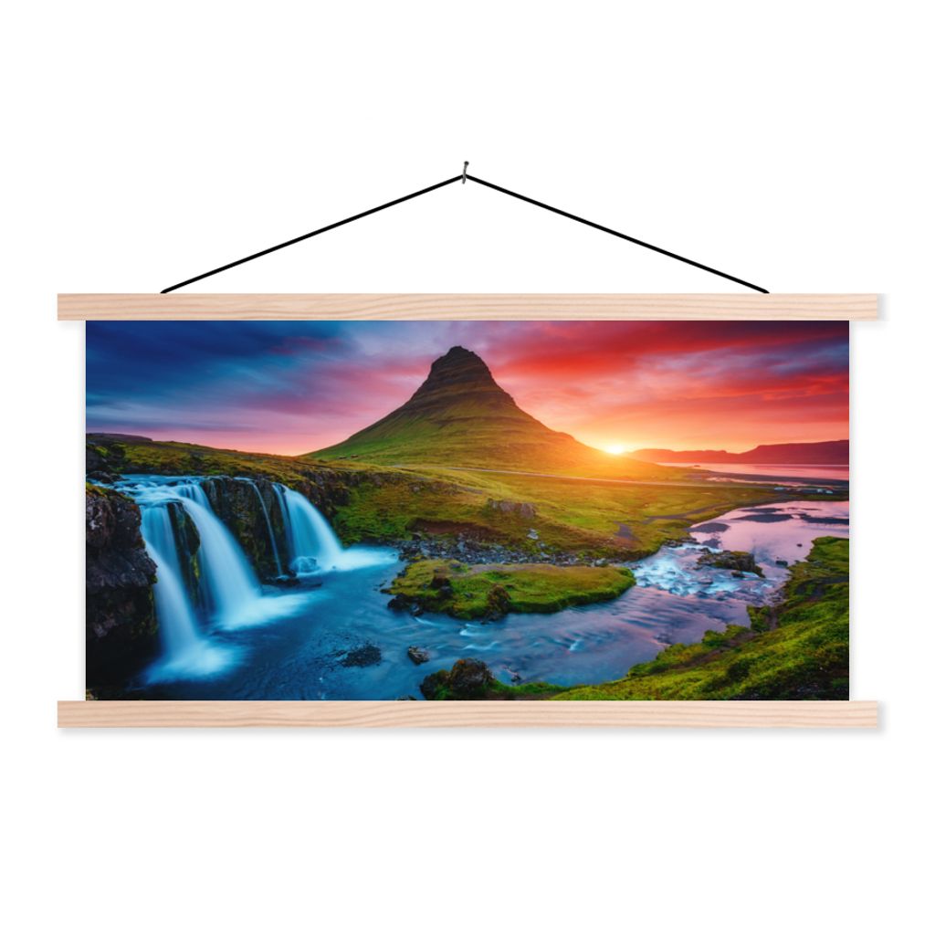 MuchoWow Textilposter Wasserfall - Berg - Moos - Sonnenuntergang - Natur 60x30 cm mit holzfarbenen Rahmen - Dekoration