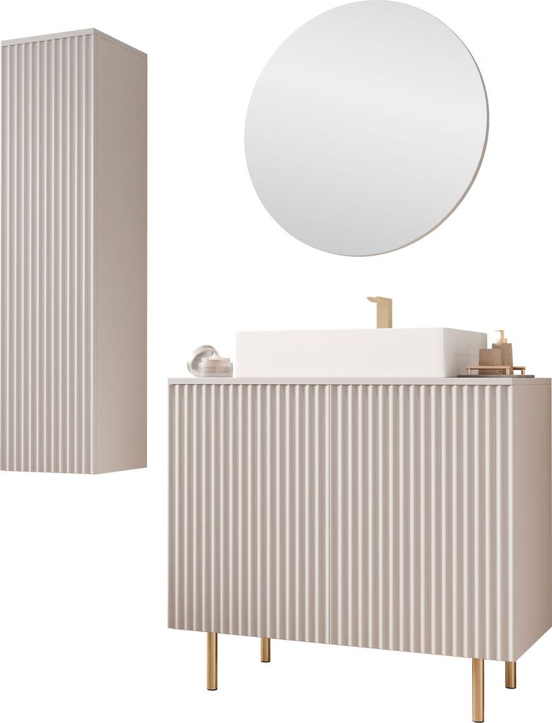 MIRJAN24 Badmöbel-Set Nubia II, Badezimmer-Set mit Spiegel (Farbe: Cashmere, Ohne Siphon, Mit Waschbecken)