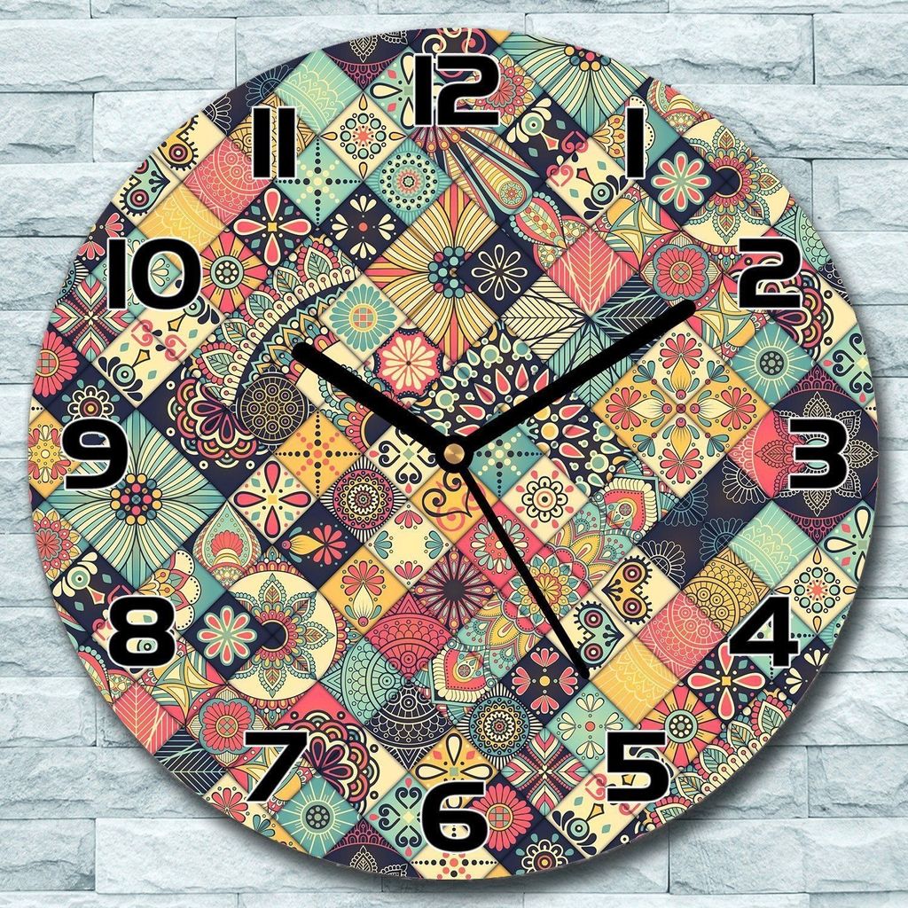 Wanduhr aus Glas Rund fi 30 Blumen rosa und blau Quarz Deko Schlafzimmer Büro